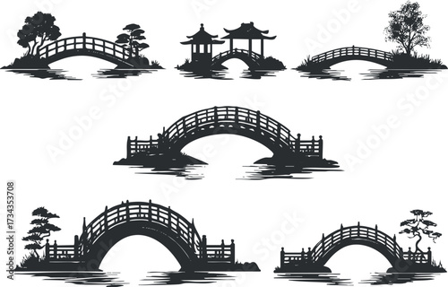 Collection of elegant bridge silhouettes over water showcasing traditional architecture and serene landscapes..