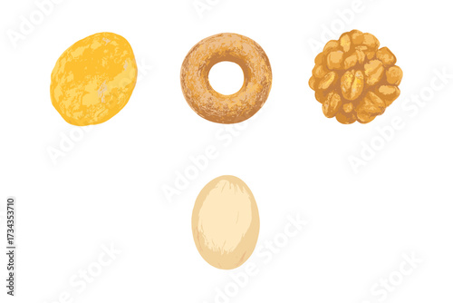 Variety of breakfast cereal pieces, crunchy snacks, and wholesome grains on a clean white background, isolated for design
