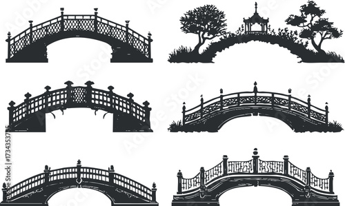 Collection of decorative bridge silhouettes showcasing various architectural styles and scenic landscapes.