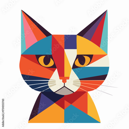 Colorful geometric portrait of a cat head in a modern low poly style. Abstract feline vector illustration with vibrant triangular shapes