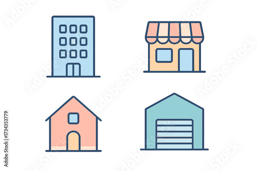 Collection of diverse building types including residential homes, commercial shops, office structures, and storage facilities