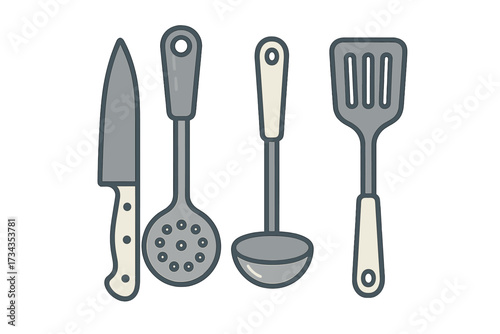 Set of essential kitchen utensils including a knife, slotted spoon, ladle, and spatula for cooking and food preparation