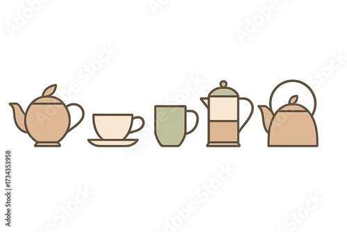 Stylized kitchenware collection for brewing and serving hot beverages such as coffee, tea, and herbal infusions