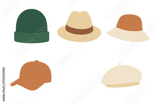 Diverse collection of headwear designs featuring beanie, fedora, sun hat, baseball cap, and beret styles for fashion