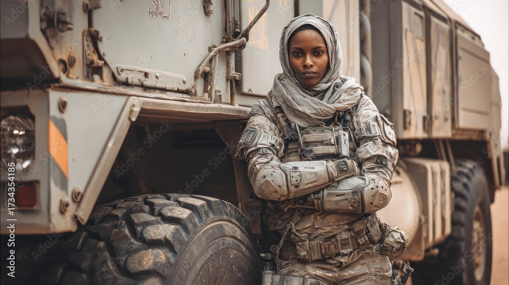 Obraz premium Woman soldier near military vehicle