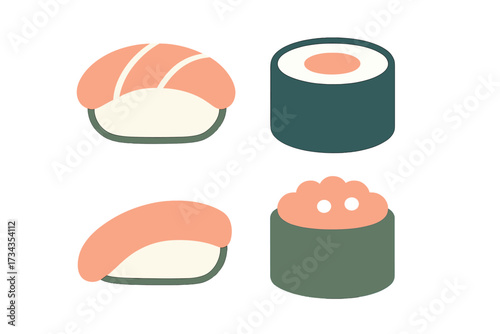 Stylized Japanese sushi and maki rolls collection with various ingredients and preparations, showcasing traditional Asian cuisine