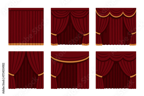 Set of elegant theater curtains in rich red fabric with decorative golden elements and various arrangements