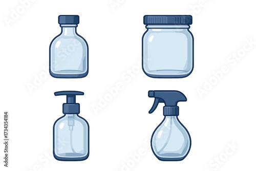 Empty transparent glass and plastic bottles, jars, caps, and dispensers for packaging liquids, cosmetics, and hygiene products
