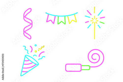 Bright neon party celebration elements set including streamer banner sparkler party popper and horn