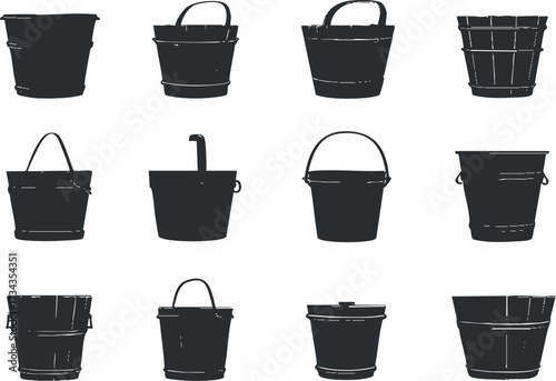 Collection of black silhouettes of various bucket designs for storage and utility purposes.