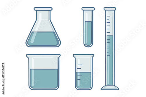 Essential laboratory glassware set with blue liquid for scientific experiments, chemistry, and educational purposes