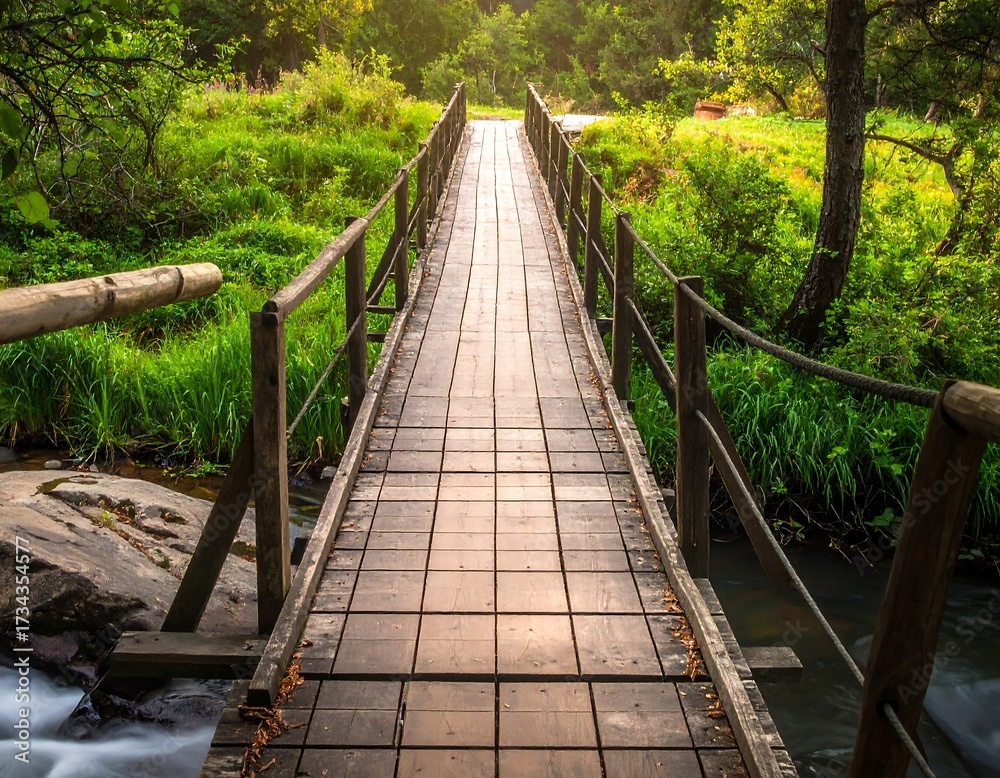 Fototapeta premium Wooden bridge over a stream, sunlight