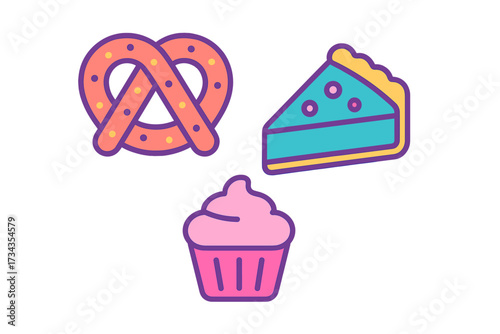 Assortment of baked goods including pretzel, pie slice, and cupcake