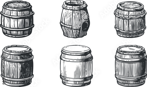 A collection of hand-drawn wooden barrels in various styles and angles suitable for design and decor..