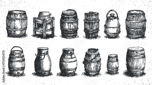 A collection of vintage wooden barrels and containers in a hand-drawn style illustration..