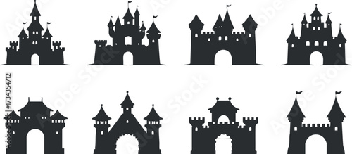A collection of black silhouette castles with various designs and architectural styles..