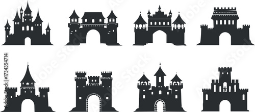 A collection of black silhouette castles showcasing various architectural styles and designs..