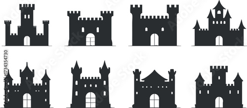 A collection of black silhouettes depicting various castle designs and structures..