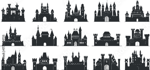 A collection of black silhouette castles showcasing various architectural styles and designs..