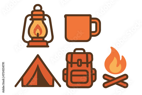 Essential outdoor adventure equipment set featuring camping tent, backpack, lantern, mug, and campfire