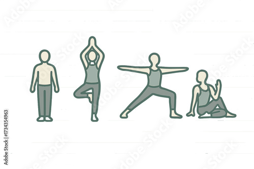 Collection of diverse yoga poses for physical exercise, balance, and mental wellness practice, promoting health, flexibility, and relaxation