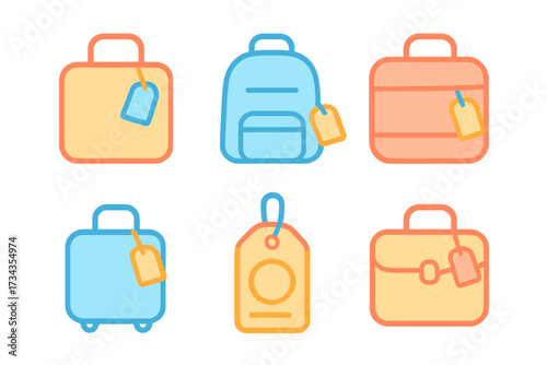 Assortment of travel bags and suitcases with attached identification labels, perfect for journey and vacation concepts