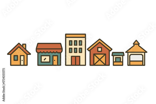 Variety of architectural designs showcasing different types of buildings from residential houses to commercial establishments and agricultural barns