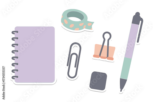 Pastel colored stationery items including notebook, pen, tape, paper clip, binder clip, and eraser