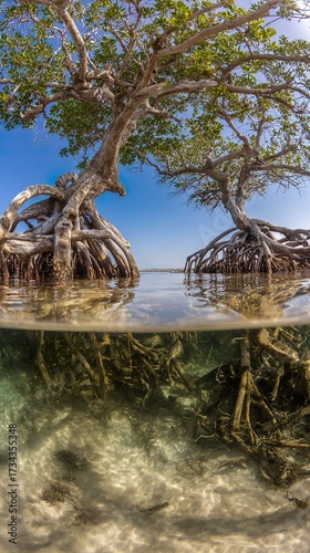 Mangrove trees roots underwater