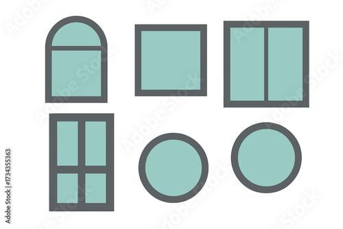 Collection of modern window frames in various shapes including square, rectangular, round, and arched designs for architectural projects