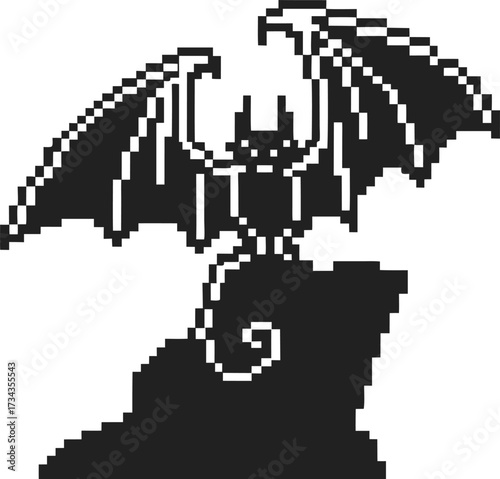 Pixel art bat winged monster perched on rocky cliff, retro black and white 8 bit fantasy creature silhouette illustration