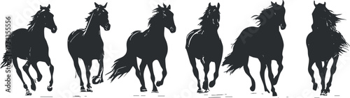 A dynamic silhouette illustration of horses running in various poses showcasing motion and grace..