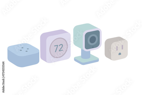 Smart home technology devices including thermostat, security camera, smart speaker, and power plug for modern living automation