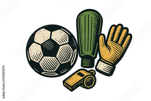 Essential soccer equipment collection with classic ball, protective shin guard, goalkeeper glove, and referee whistle