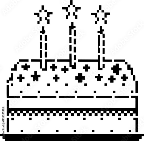 Pixel art birthday cake with three star candles, dotted decoration, celebratory dessert, retro digital party illustration