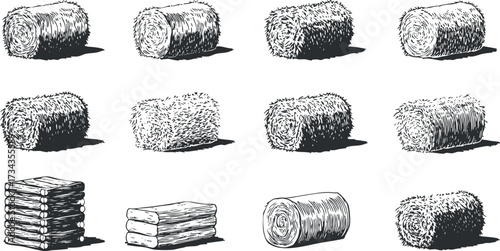 Illustration of various hay bales in different shapes and sizes arranged in a grid pattern..