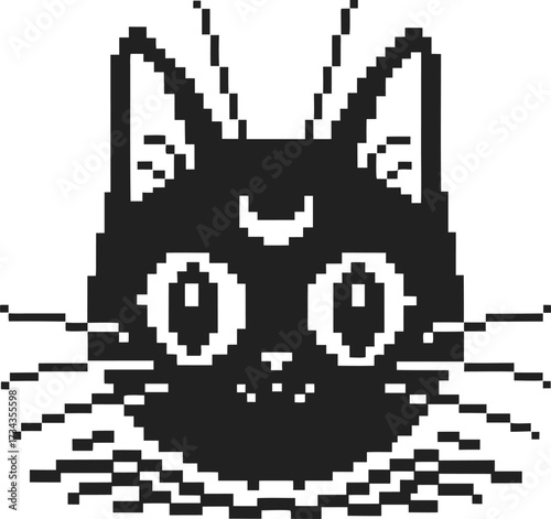 Pixel art black cat face with large eyes and crescent moon on forehead vintage retro animal illustration, digital design
