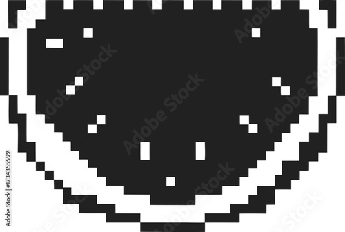 Pixelated watermelon slice icon in black and white retro digital art fruit, minimal 8 bit summer snack illustration