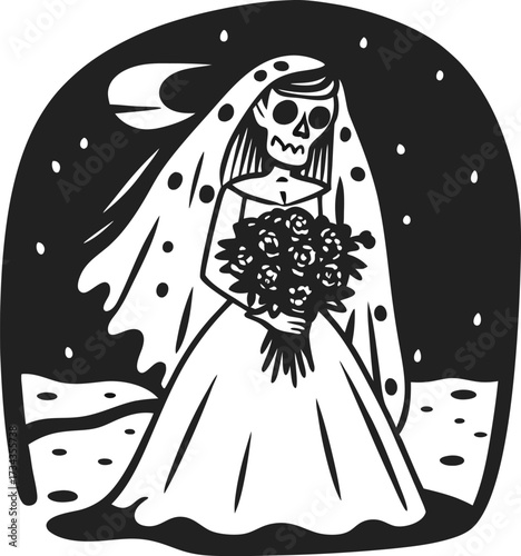 Skeleton bride holding bouquet under night sky dark gothic wedding illustration, horror fantasy theme, monochrome drawing