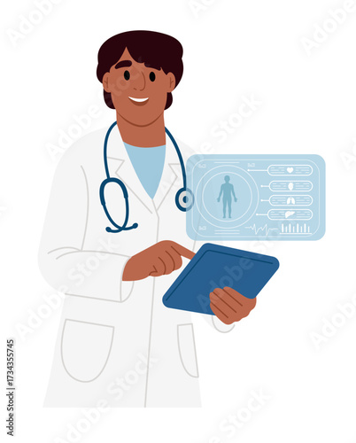 Electronic health record. Doctor reading patient EMRs. Doctor with good news, health results, advice and report. Modern healthcare and technology.
