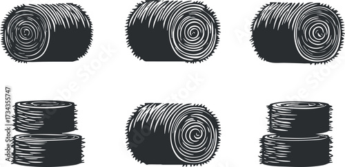 Collection of hay bales in various orientations showcasing agricultural products and rural scenery.