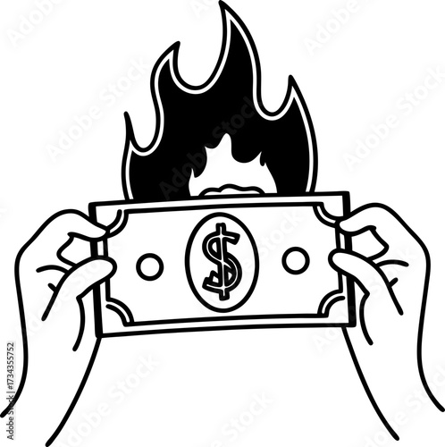 Burning money waste hands holding dollar bill on fire, financial loss, spending crisis, economic inflation, poor investment