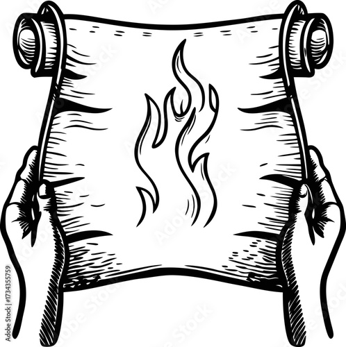 Hands holding ancient parchment scroll with flame symbol vintage hand drawn mystical document, esoteric manuscript, black and white