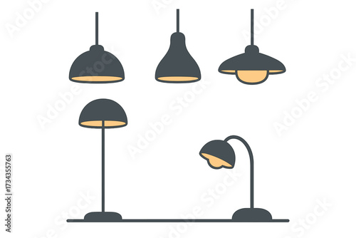 Contemporary home lighting fixtures including pendant, floor, and desk lamps for interior design projects