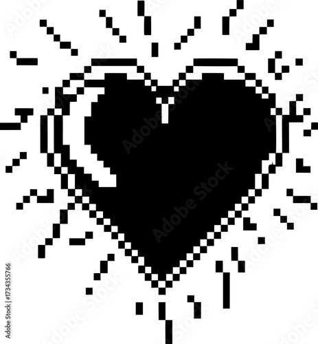 Pixelated black heart with radiating lines, retro 8 bit digital art style, monochrome symbol of love, nostalgia, pixel design