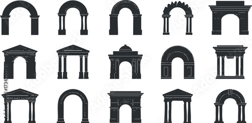 Collection of various architectural arches and columns in a monochrome design..