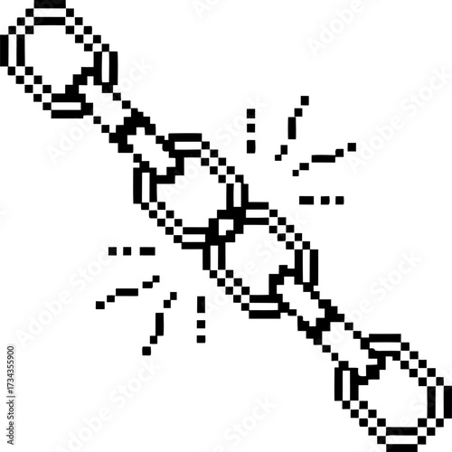 Pixel art broken chain with scattered fragments symbol of freedom, release, liberation, digital disruption, separation