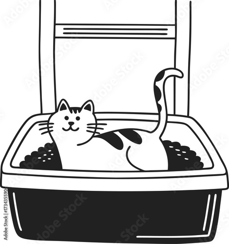 Happy cat in litter box with tail up, clean sand, domestic pet hygiene, self care routine, home feline comfort