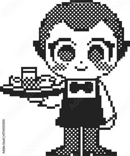 Retro pixel waiter character holding tea and dessert cute monochrome 8 bit server in uniform, nostalgic digital art