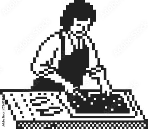 Baker preparing dough, pixel art retro black and white chef baking cookies, culinary concept, kitchen work illustration